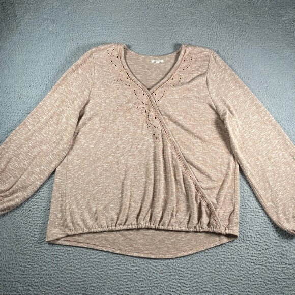 Maurices Brown/Tan Neutral Faux Wrap Eyelet Trim Long Sleeve Sweater Top - Picture 8 of 8